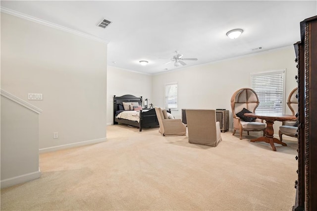 interior space with crown molding, light carpet, and ceiling fan