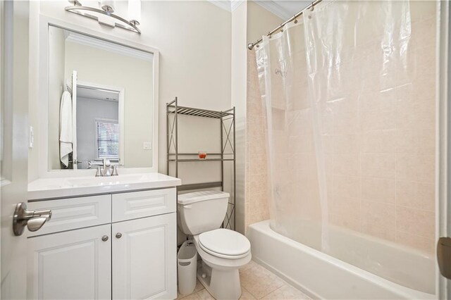 full bathroom featuring toilet, shower / bath combo, vanity, and tile patterned floors