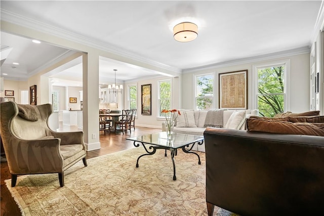 living room with wood-type flooring, crown molding, and a notable chandelier