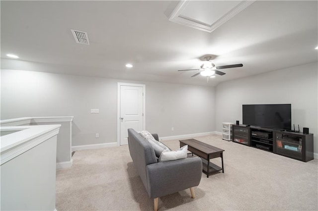 living room with light colored carpet