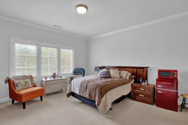 bedroom featuring carpet and crown molding