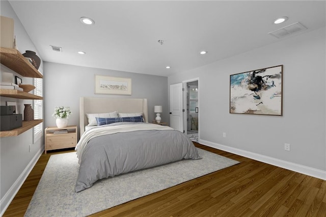 bedroom featuring visible vents, recessed lighting, baseboards, and dark wood-style flooring