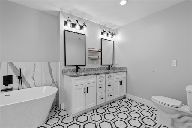 bathroom with toilet, recessed lighting, tile walls, double vanity, and a soaking tub