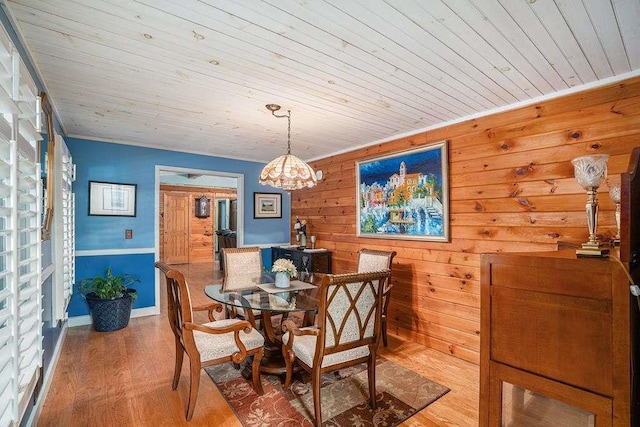 dining room with wood ceiling, hardwood / wood-style flooring, and wood walls