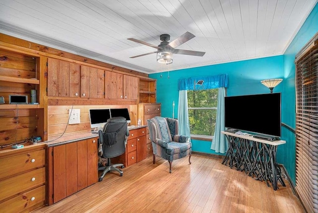 office space featuring ceiling fan, wooden ceiling, and light hardwood / wood-style floors