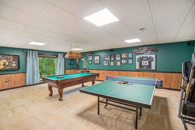 recreation room featuring carpet flooring, pool table, and wooden walls