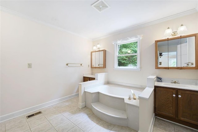 bathroom with tile patterned floors, vanity, a tub to relax in, and crown molding