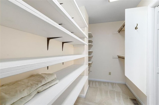 spacious closet featuring light colored carpet