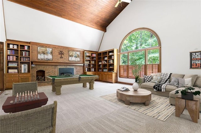 game room with a brick fireplace, high vaulted ceiling, billiards, light colored carpet, and wood ceiling