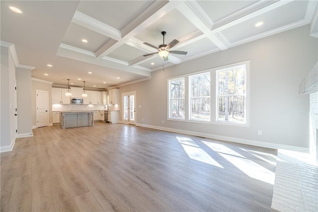 unfurnished living room featuring ceiling fan, light hardwood / wood-style floors, crown molding, and coffered ceiling