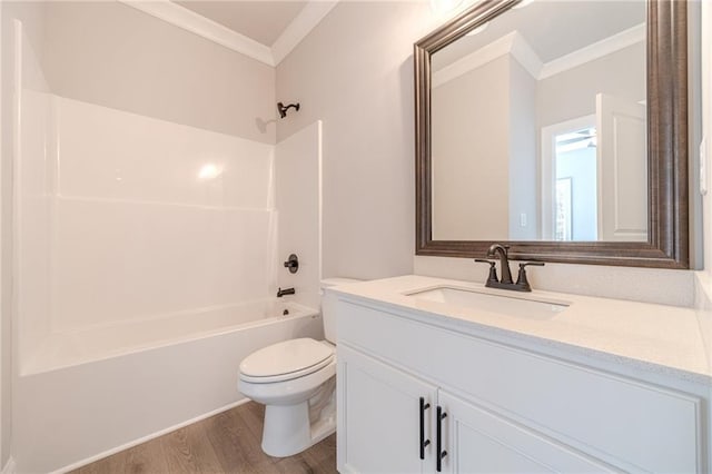 full bathroom with toilet, wood-type flooring, shower / bathtub combination, and ornamental molding