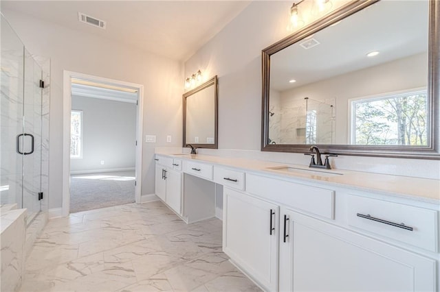 bathroom featuring vanity and a shower with shower door