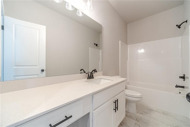 full bathroom with bathing tub / shower combination, vanity, and toilet