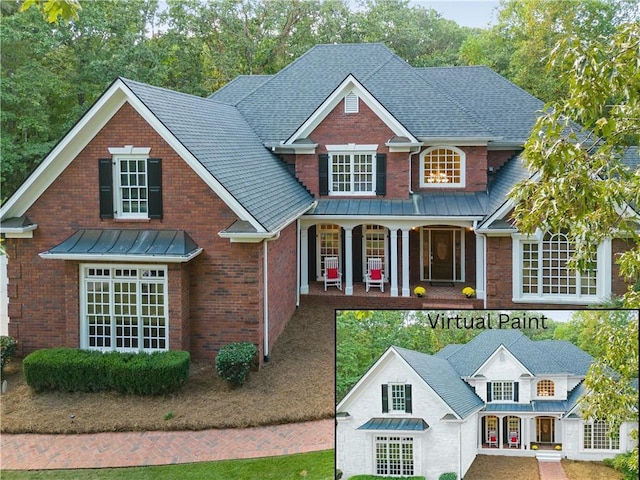 view of front of property with brick siding, covered porch, and a shingled roof