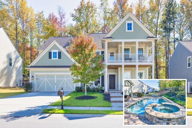 craftsman inspired home featuring a front lawn, a garage, and a balcony