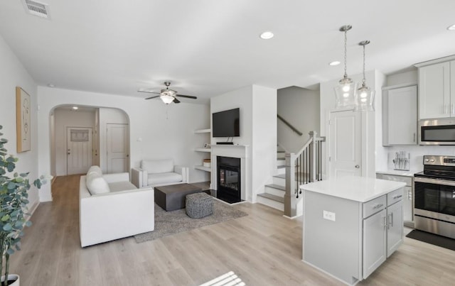 living room featuring ceiling fan and light hardwood / wood-style floors