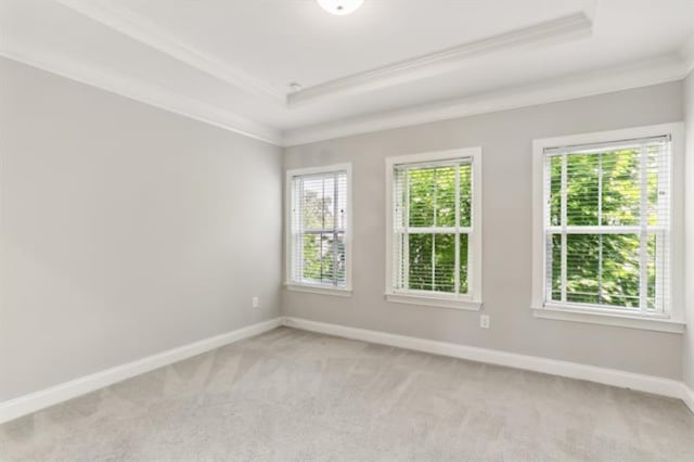 unfurnished room featuring ornamental molding, a raised ceiling, light colored carpet, and baseboards