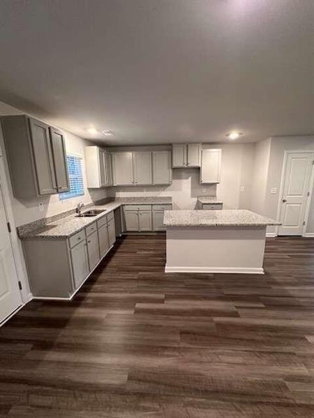 kitchen with gray cabinetry, dark wood-style floors, and a center island