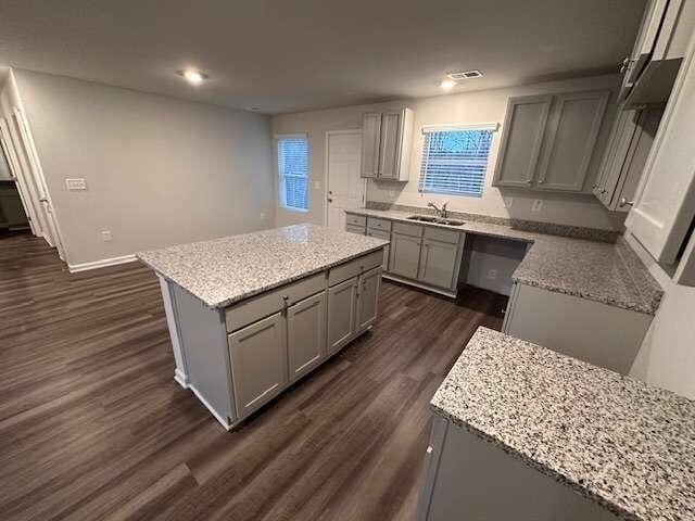 kitchen featuring dark wood-style flooring, gray cabinetry, a kitchen island, and a sink