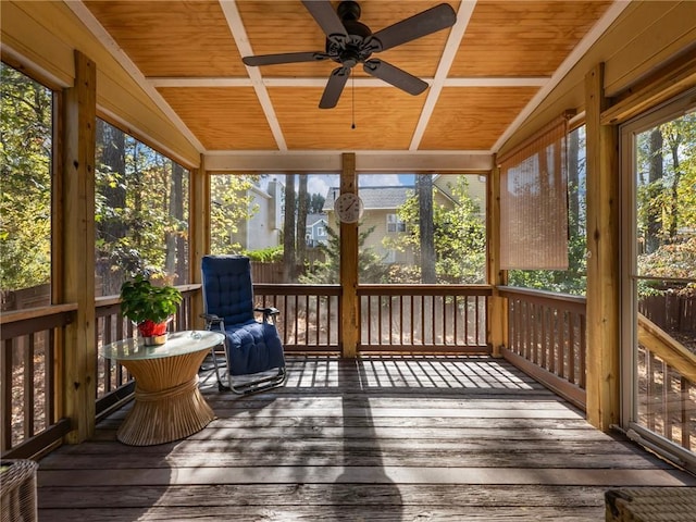 sunroom / solarium with ceiling fan, wood ceiling, and vaulted ceiling