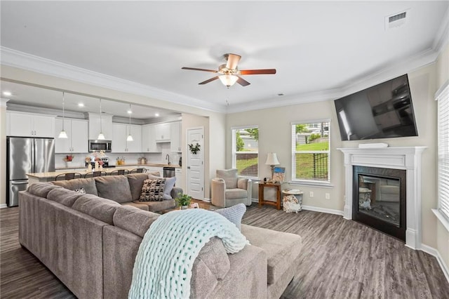 359 Crider Ct, Woodstock, GA 30188 - living area featuring ceiling fan, dark wood-type flooring, a glass covered fireplace, ornamental molding, and baseboards