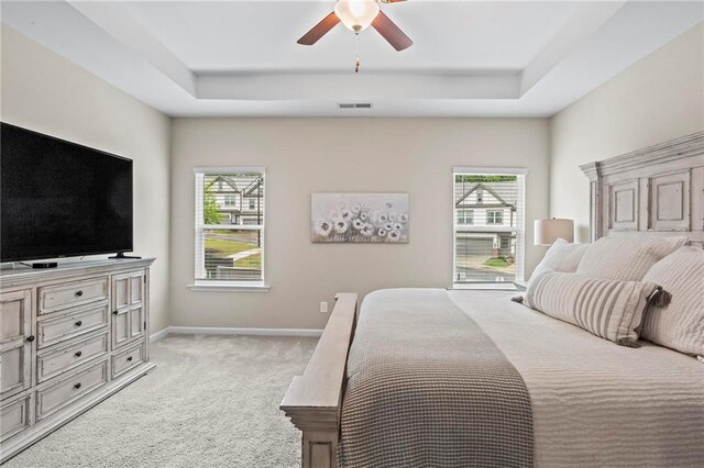 359 Crider Ct, Woodstock, GA 30188 - bedroom with a tray ceiling, multiple windows, light colored carpet, and baseboards