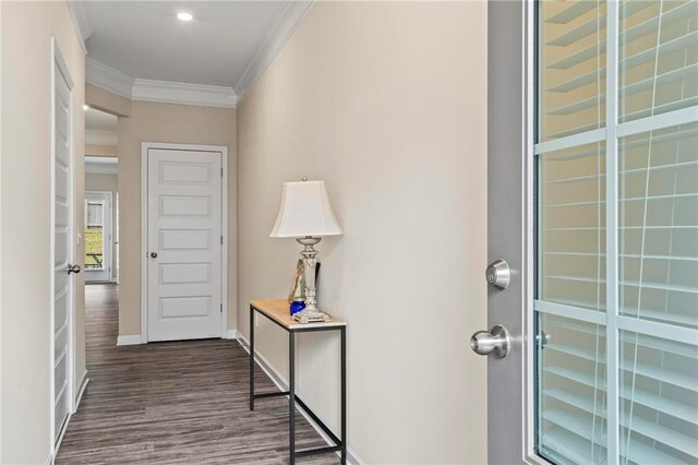 359 Crider Ct, Woodstock, GA 30188 - entryway featuring dark wood-type flooring, ornamental molding, and baseboards