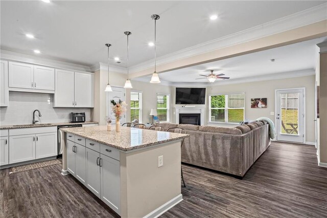 359 Crider Ct, Woodstock, GA 30188 - kitchen featuring a sink, ornamental molding, a glass covered fireplace, open floor plan, and a kitchen island