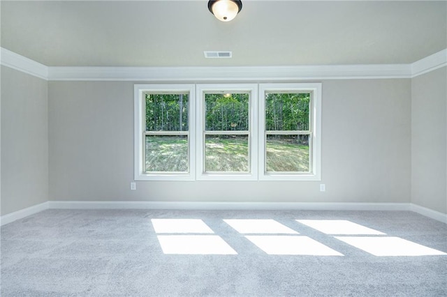 carpeted spare room featuring visible vents, a wealth of natural light, and crown molding