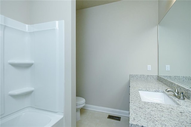 full bathroom featuring tile patterned floors, toilet, visible vents, baseboards, and  shower combination