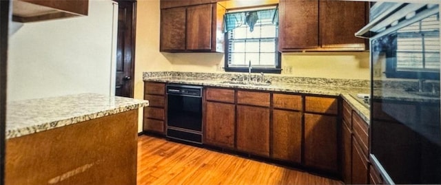 kitchen featuring light hardwood / wood-style flooring, black dishwasher, sink, and light stone countertops