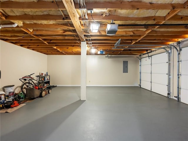 garage featuring electric panel and a garage door opener