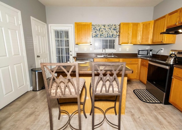 kitchen with a kitchen breakfast bar, a kitchen island, stainless steel appliances, light hardwood / wood-style flooring, and sink