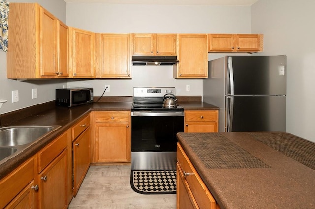 kitchen with sink, appliances with stainless steel finishes, and light hardwood / wood-style floors