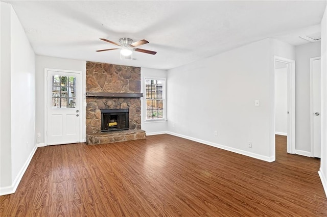 2199 Summertown Dr, Norcross, GA 30071 - unfurnished living room featuring ceiling fan, dark wood finished floors, plenty of natural light, and baseboards