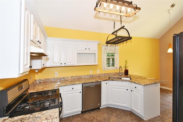 kitchen featuring white cabinetry, sink, kitchen peninsula, stainless steel appliances, and light stone countertops