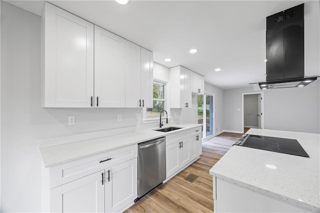 kitchen featuring sink, stainless steel dishwasher, light wood-type flooring, island range hood, and white cabinetry