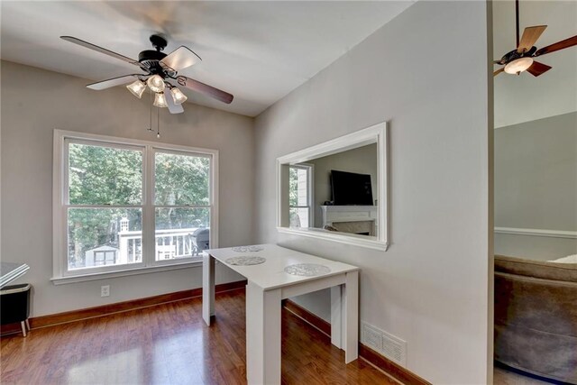 unfurnished office with a wealth of natural light, ceiling fan, and wood-type flooring