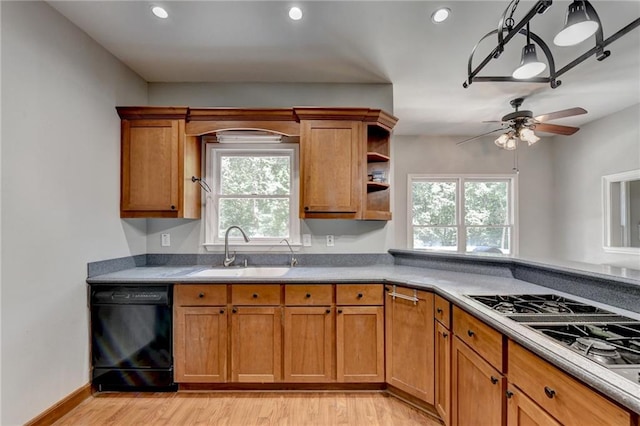 kitchen with dishwasher, stainless steel gas stovetop, light hardwood / wood-style flooring, sink, and ceiling fan