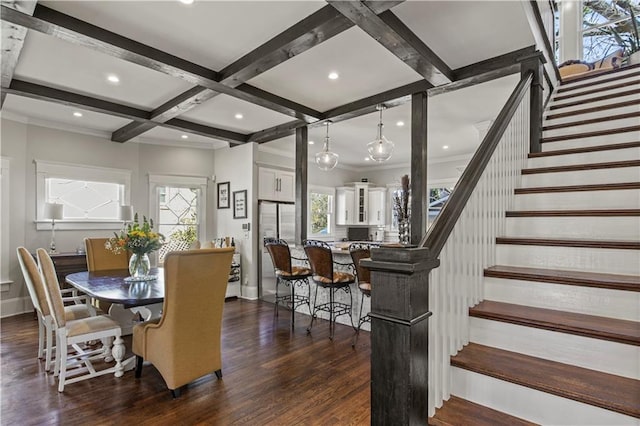 dining area featuring coffered ceiling, recessed lighting, stairs, dark wood-type flooring, and beamed ceiling