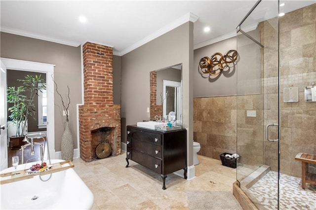 bathroom featuring toilet, a fireplace, a shower stall, crown molding, and vanity