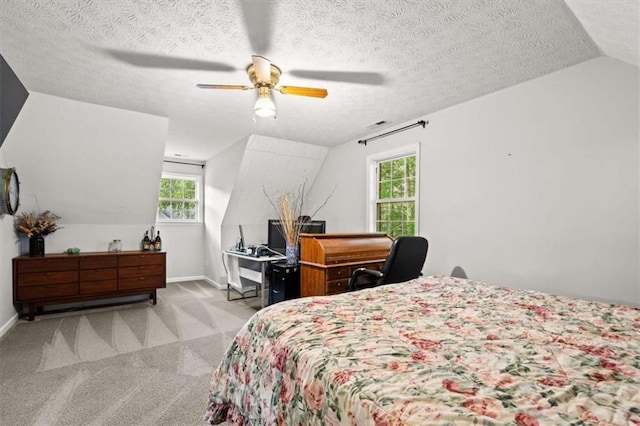 75 Mcpherson Ln, Bremen, GA 30110 - bedroom featuring multiple windows, carpet floors, vaulted ceiling, a textured ceiling, and a ceiling fan