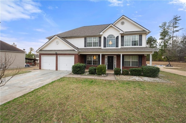 view of front property featuring covered porch and a front lawn