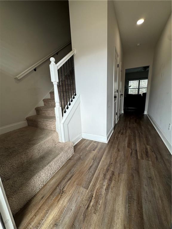 240 Sugar Maple Dr, Cornelia, GA 30531 - interior space featuring dark wood-type flooring, stairway, and recessed lighting