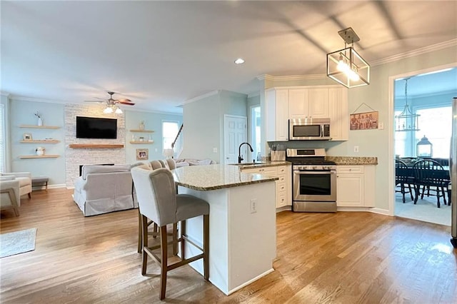 310 Hillpine Dr, Woodstock, GA 30189 - kitchen featuring stainless steel appliances, ornamental molding, healthy amount of natural light, a ceiling fan, and a kitchen bar