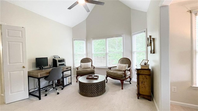 310 Hillpine Dr, Woodstock, GA 30189 - carpeted home office featuring ceiling fan, high vaulted ceiling, and baseboards