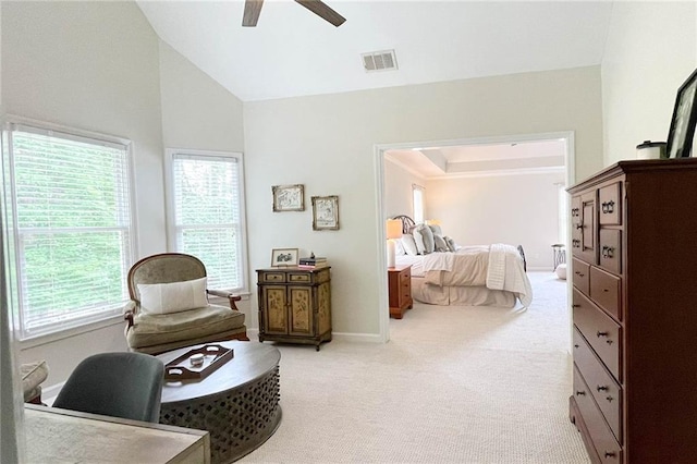 310 Hillpine Dr, Woodstock, GA 30189 - bedroom featuring light carpet, vaulted ceiling, baseboards, and ceiling fan
