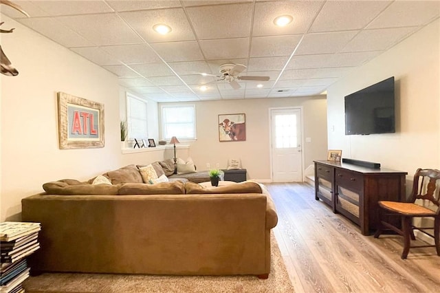 310 Hillpine Dr, Woodstock, GA 30189 - living room featuring ceiling fan, plenty of natural light, light wood-style flooring, and a drop ceiling