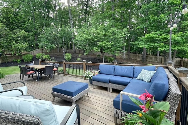 310 Hillpine Dr, Woodstock, GA 30189 - deck featuring an outdoor hangout area, outdoor dining area, and a fenced backyard