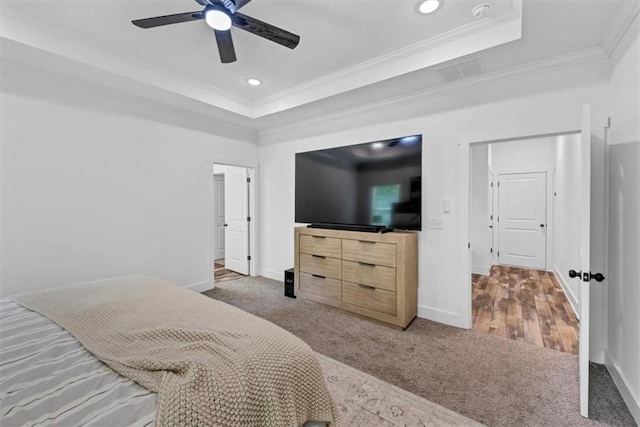 1021 Windsor Creek Dr, Madison, GA 30650 - bedroom featuring a raised ceiling, carpet flooring, ornamental molding, recessed lighting, and ceiling fan
